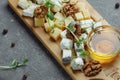 Close-up of a cheese plate. 4 types of cheese, soft white brie cheese, camembert, semi-soft briques, blue, roquefort, hard cheese Royalty Free Stock Photo