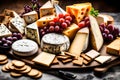 A close-up of a cheese platter with a variety of artisanal cheeses and crackers