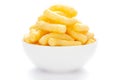 Close up of Cheese Potato Puff Snacks sticks, Popular Ready to eat crunchy and puffed snacks sticks cheesy salty pale-yellow
