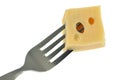 Piece of gruyÃÂ¨re stung on a fork in close-up on a white background