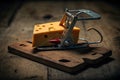 close-up of cheese wedge in mouse trap, ready to ensnare its next victim Royalty Free Stock Photo