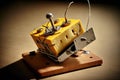 close-up of cheese wedge in mousetrap, with trap ready to spring Royalty Free Stock Photo