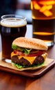 Close-up on cheeseburger with a glass of dark lager beer Royalty Free Stock Photo