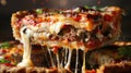 Close-up of a cheesy slice of meat pizza with toppings Royalty Free Stock Photo