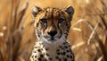 Intense cheetah stare amidst golden grass. wildlife portrait with a majestic feline. natural habitat scene, perfect for