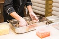 Close-up of chef cooking food kitchen restaurant cutting cook hands hotel man male knife preparation fresh preparing Royalty Free Stock Photo