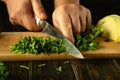 Close-up of a chef hands cutting green parsley with a knife on a cutting board for preparing a vegetarian dish for dinner. Peasant Royalty Free Stock Photo