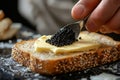 Close-up of a chef preparing a delicious snack by spreading black caviar on a slice of buttered, toasted multi-grain bread Royalty Free Stock Photo