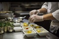 close-up of a chef& x27;s hands, preparing gourmet meals in the cafeteria kitchen