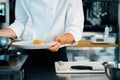 Close-up: chef serving french omelette on plate before serving in a restaurant in a professional kitchen