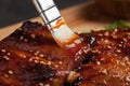 Close-up chef spreading sauce bbq on ribs with brush Royalty Free Stock Photo