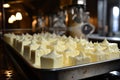 Close-up of a chef taking a melted piece of cheese from a large pan.