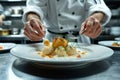 Close-up of chef& x27;s hands decorating a dish with seasonings and toppings in a restaurant kitchen. Chef adding Royalty Free Stock Photo