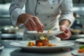 Close-up of chef& x27;s hands decorating a dish with seasonings and toppings in a restaurant kitchen. Chef adding Royalty Free Stock Photo