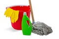 Close up of chemical bottle and mop with bucket Royalty Free Stock Photo