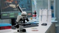 Close up of chemical microscope and medical research equipment Royalty Free Stock Photo