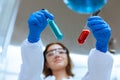 Close up chemical test tube, women scientist working research and test chemical with test tubes in laboratory. student medical Royalty Free Stock Photo