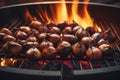 Close-up of chestnuts being roasted on an open flame, showcasing the warm and rustic appeal of this beloved snack. Generative Ai