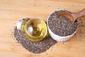 Close up a Chia essential oil and seeds in wooden spoon , superfood and rich of nutrient an antioxidant Royalty Free Stock Photo