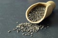 A close up of chia seeds in a wooden scoop