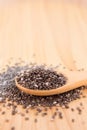 Close up of Chia seeds in a wooden spoon on the table