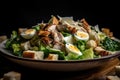 close-up of chicken caesar salad, with its ingredients visible and in perfect harmony