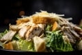 close-up of chicken caesar salad, with its ingredients visible and in perfect harmony