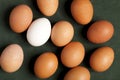 Close-up of chicken eggs protein, brown and white egg on green background. Royalty Free Stock Photo
