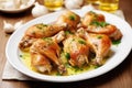 close-up of chicken legs with crispy skin and glossy garlic butter layer on white dishware
