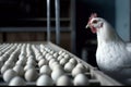 A close up of a chicken near many eggs. AI generative image