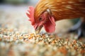 close-up of chicken pecking grains