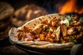 close-up of chicken shawarma, with juicy and tender meat, and spices visible