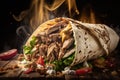 close-up of chicken shawarma, with steamy and juicy meat