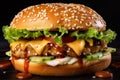 Close-up of a chicken teriyaki burger with a juicy patty, melted cheese, lettuce, tomato, and teriyaki sauce on a sesame seed bun Royalty Free Stock Photo