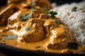 close-up of chicken tikka masala, with creamy sauce and flavorful spices