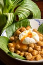 Close-up of chickpea stew with open poached egg and pak choi leaves on rustic plate, selective focus,