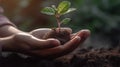 Human hands holding a small green sprout with soil on blurred background with AI generated. Royalty Free Stock Photo