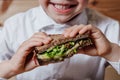 Close up, child with vegetarian sandwich with whole grain bread, Royalty Free Stock Photo