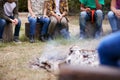 Close Up Of Children On Outdoor Activity Camping Trip Sit Around Camp Fire Together