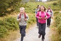 Close up of children running ahead of parents on a country path during a family vacation, front view Royalty Free Stock Photo
