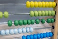 Close-up of children`s colorful wooden abacus, selective focus Royalty Free Stock Photo