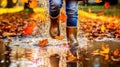 Close-up of children\'s feet in rubber boots running through a puddle. Generative AI.