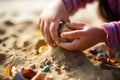 close-up of children& x27;s hands playing with sand in the sandbox generative ai Royalty Free Stock Photo