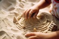 close-up of children& x27;s hands playing with sand in the sandbox generative ai Royalty Free Stock Photo