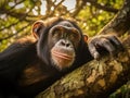 Close up of chimpanzee Pan troglodytes resting on the tree in the jungle Royalty Free Stock Photo