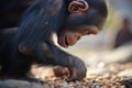 close-up of chimpanzee using rock to crack nuts