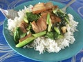 Chinese broccoli or chinese kale fried with crispy pork beside steamed rice Royalty Free Stock Photo