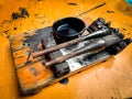 Close-up of Chinese Calligraphy tools on on wooden brush shelf Royalty Free Stock Photo