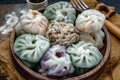 Close-up of Chinese chives Dumplings Mixed Color or Garlic Chives Dim Sum Rice Cake inside with Taro Slice ,Bamboo shoot and Many Royalty Free Stock Photo