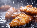 Close up of Chinese deep-fried dumplings with sweet and sour sauce